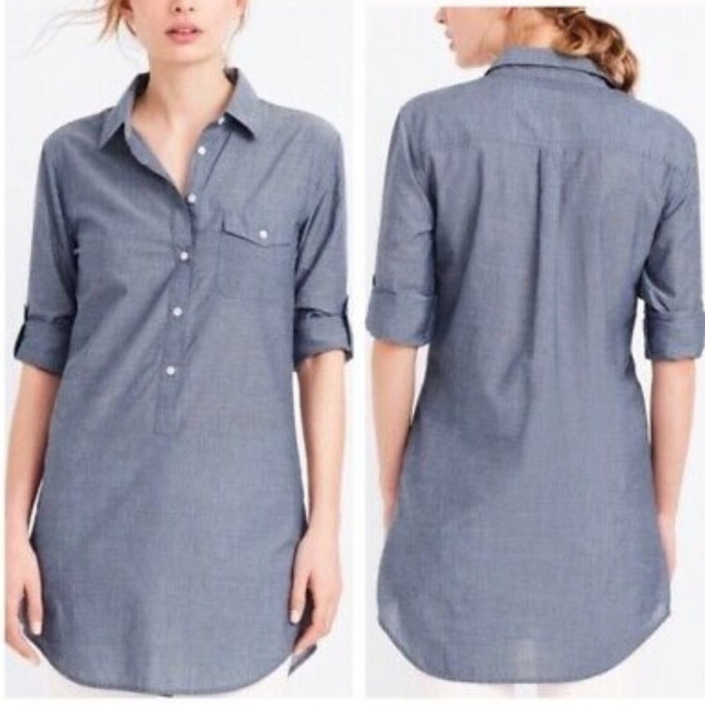 J.Crew Chambray Popover Tunic Sz M Blue Half Button Roll Tab Pocket Front Casual